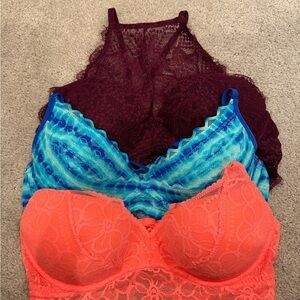 Victoria's Secret Pink Lace Bra Trio - Orange, Blue, maroon
